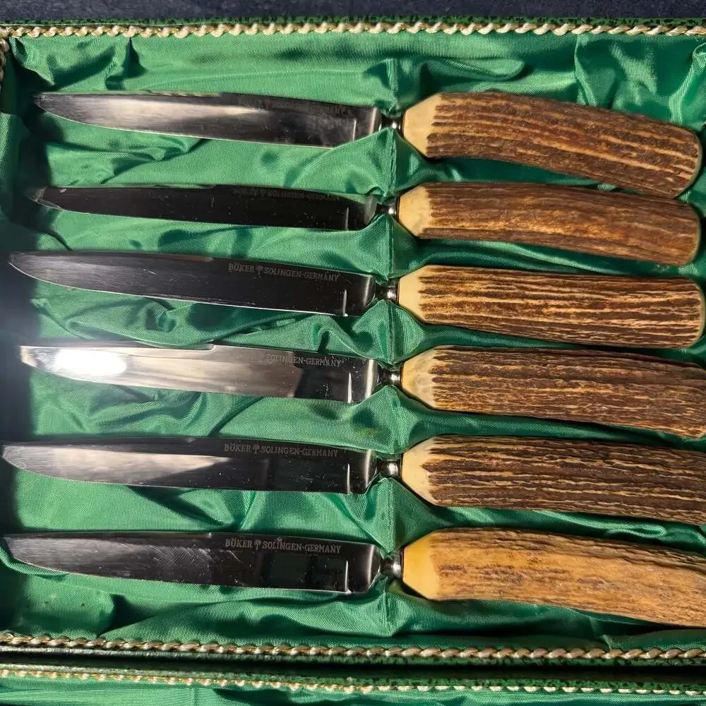 Vintage Boker Solingen Germany Stag Handle 11-Piece Carving and Steak Knife Set